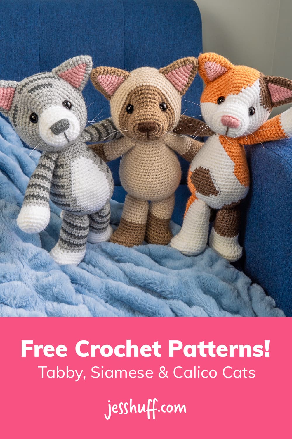 Free cat amigurumi crochet patterns: tabby, siamese and calico. via @heyjesshuff