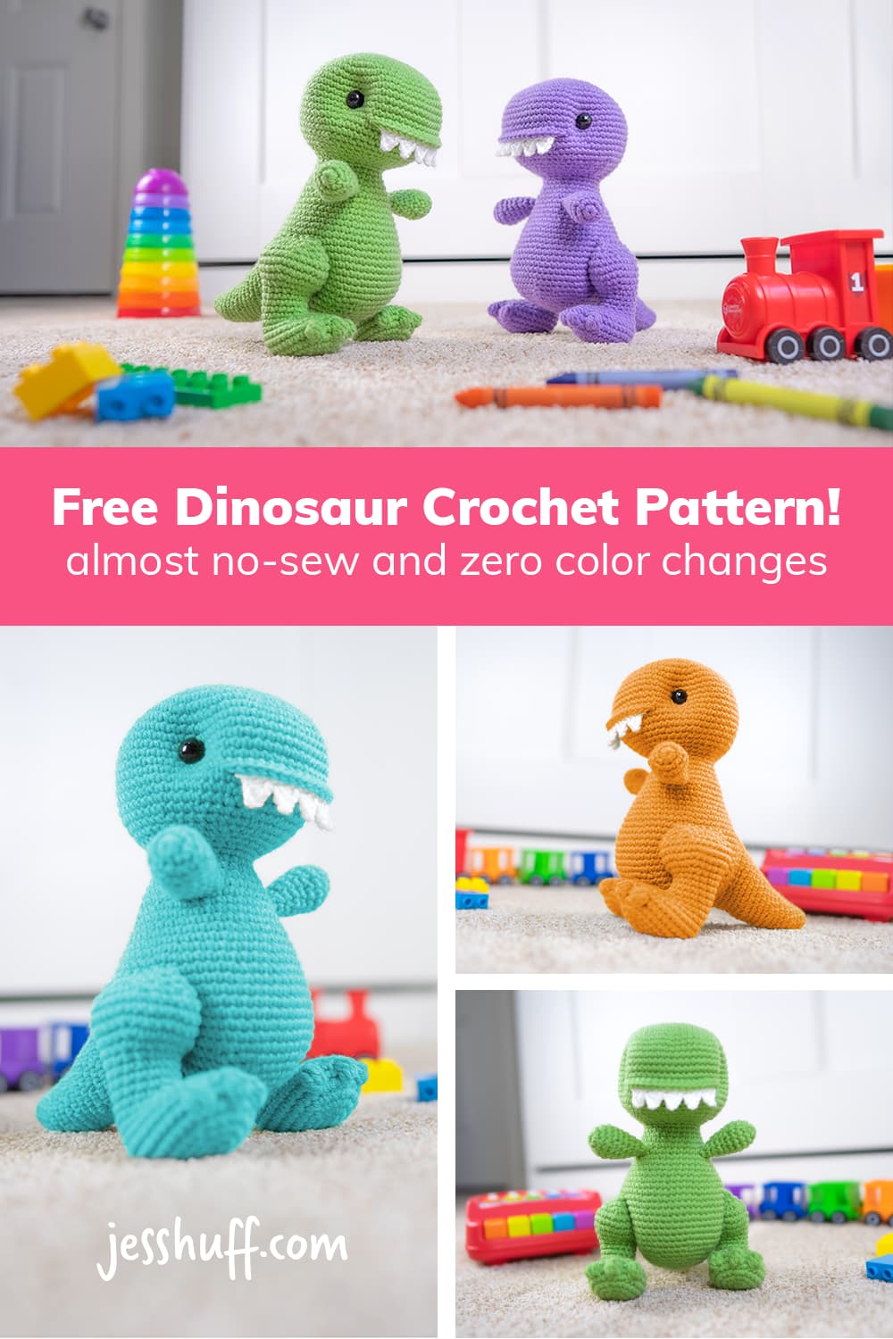 This nearly no-sew dino amigurumi pattern is available for free! It stands 10.5" tall when crocheted with worsted weight yarn and a 3.5mm hook. via @heyjesshuff